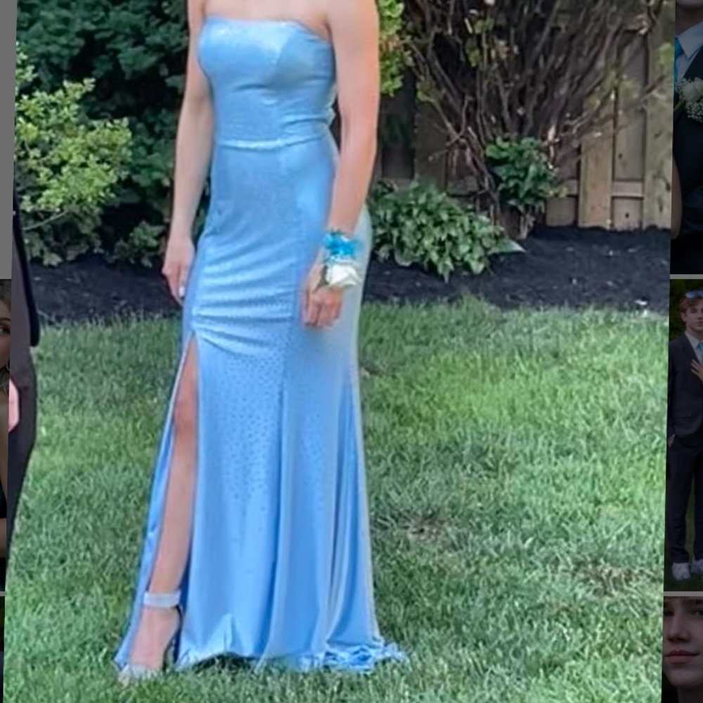 Strapless blue sequence prom dress